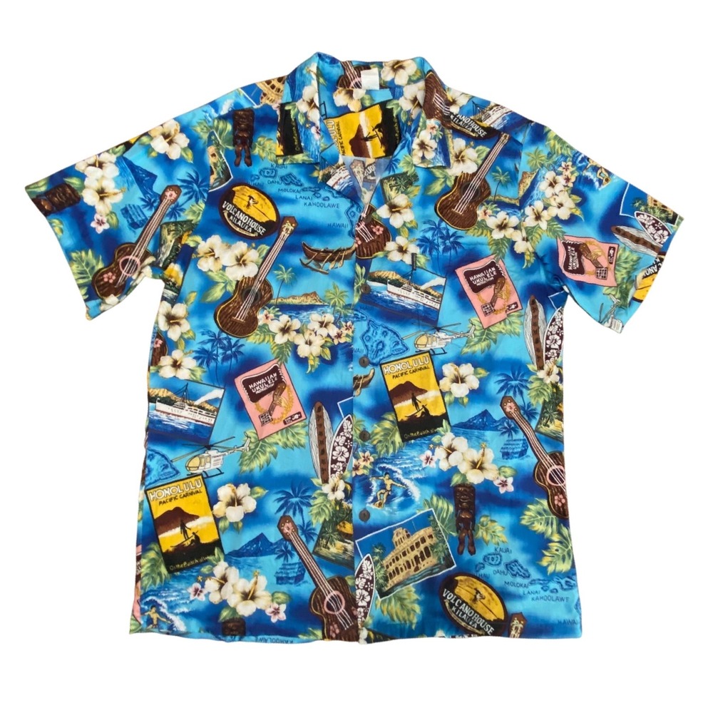 Palmwave Hawaii Mens‎ XL Blue Postcard Ukulele Tiki Cotton Aloha Camp Shirt